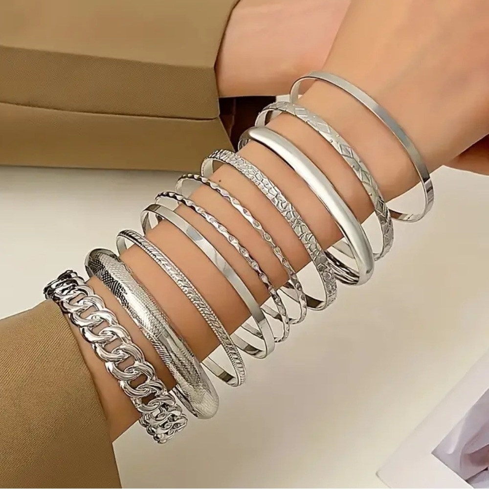 Silver Multi Design Bangle Bracelet Set of 10 Bracelets